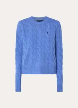Ralph Lauren Dames Kabelgebreide trui in kasjmierblend met logoborduring in de kleur Blauw, maat: XL