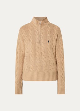 Ralph Lauren Dames Kabelgebreide trui in kasjmierblend met halve rits en logoborduring in de kleur Camel, maat: S