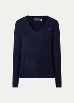 Ralph Lauren Dames Kabelgebreide trui met logo borduring in de kleur Donkerblauw, maat: L