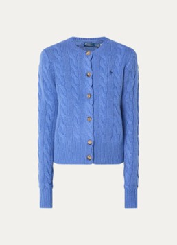 Ralph Lauren Dames Kabelgebreid vest in kasjmierblend met logoborduring in de kleur Blauw, maat: XS