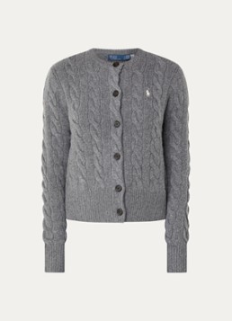 Ralph Lauren Dames Kabelgebreid vest in kasjmierblend met logoborduring in de kleur Grijs, maat: M
