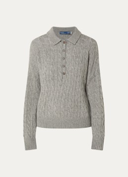 Ralph Lauren Dames Kabelgebreide trui in kasjmierblend met polokraag en logoborduring in de kleur Grijs, maat: XL