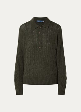 Ralph Lauren Dames Kabelgebreide trui in kasjmierblend met polokraag en logoborduring in de kleur Bronsgroen, maat: XL