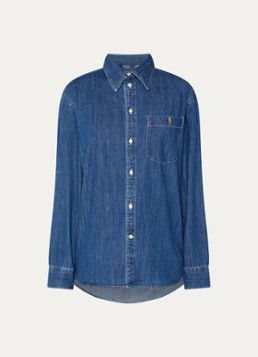 Ralph Lauren Dames Blouse van denim met logo en borstzak in de kleur Indigo, maat: M