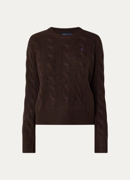 Ralph Lauren Dames Kabelgebreide trui in kasjmierblend met logoborduring in de kleur Donkerbruin, maat: XL