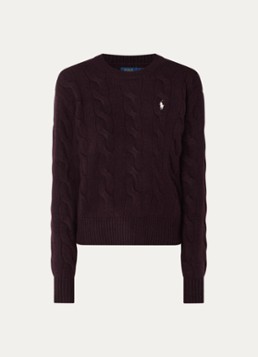 Ralph Lauren Dames Kabelgebreide trui in kasjmierblend met logoborduring in de kleur Aubergine, maat: S
