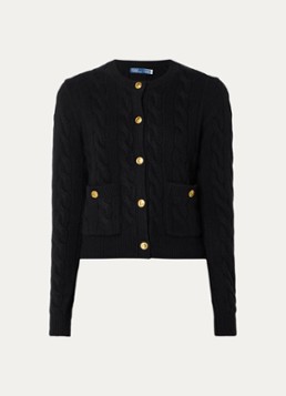 Ralph Lauren Dames Kabelgebreid vest in kasjmier wolblend met opgestikte zakken in de kleur Zwart, maat: M