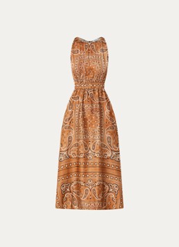 Sandro Dames Midi jurk met paisley dessin en gestrikt detail in de kleur Bruin