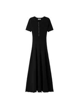 Sandro Dames Ribgebreide maxi jurk met knoopdetail in de kleur Zwart