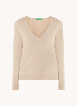Benetton Dames Fijngebreide pullover van scheerwol met V-hals in de kleur Creme