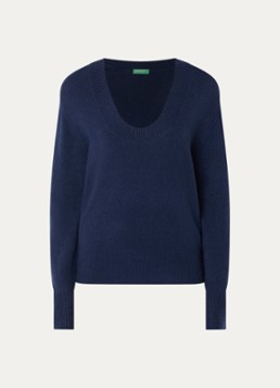 Benetton Dames Fijngebreide pullover in wolblend met V-hals in de kleur Donkerblauw