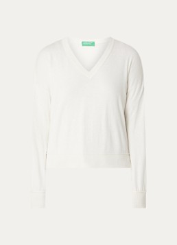 Benetton Dames Fijngebreide pullover in wolblend met V-hals in de kleur Creme