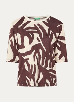 Benetton Dames T-shirt in linnenblend met print in de kleur Oranjebruin
