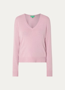 Benetton Dames Fijngebreide trui van scheerwol met V-hals in de kleur Lichtroze