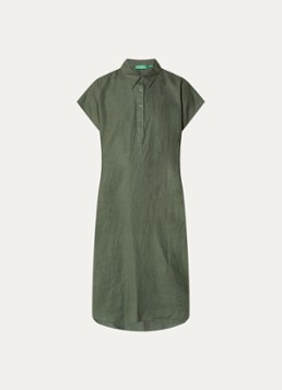 Benetton Dames Midi jurk van linnen met steekzakken in de kleur Legergroen