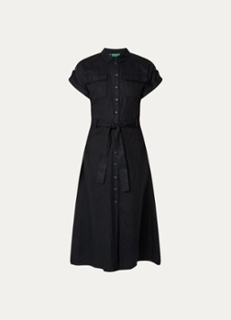 Benetton Dames Midi blouse jurk van linnen met strikceintuur in de kleur Zwart