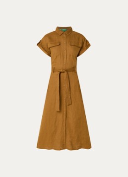 Benetton Dames Midi blouse jurk van linnen met strikceintuur in de kleur Camel