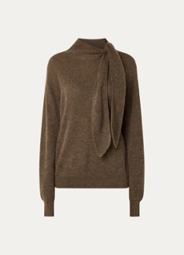 Expresso Dames Fijngebreide pullover in alpaca wolblend met sjaalkraag in de kleur Lichtbruin