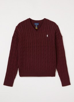 Ralph Lauren Meisjes Kabelgebreide trui met logoborduring in de kleur Bordeauxrood, maat: M=140