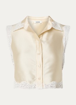 Sandro Dames Blouse in zijdeblend met broderie in de kleur Vanillegeel