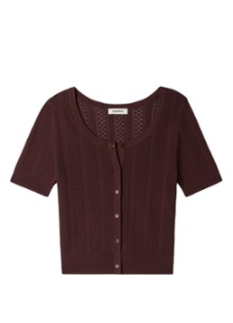 Sandro Dames Fijngebreide crop top met opengewerkt dessin en knoopdetail in de kleur Bruin