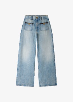 Sandro Dames High waist straight leg broek van denim met lichte wassing en opgestikte zakken in de kleur Blue Jean / Blauw