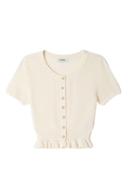 Sandro Dames Fijngebreide crop top met opengewerkt dessin en knoopdetail in de kleur Beige