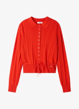 Sandro Dames Fijngebreid vest met strikceintuur in de kleur Steenrood