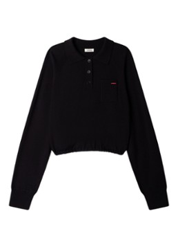 Sandro Dames Fijngebreide cropped trui in wolblend met polokraag in de kleur Zwart