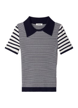 Sandro Dames Ribgebreide top in zijdeblend met streepprint en polokraag in de kleur Zwart