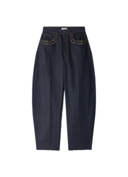 Sandro Dames High waist barrel jeans met donkere wassing en decoratie in de kleur Indigo
