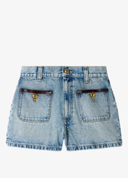 Sandro Dames High waist korte breoek van denim met opgestikte zakken in de kleur Blue Jean / Blauw