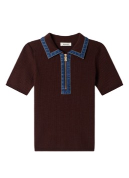 Sandro Dames Ribgebreide top in wolblend met details van denim in de kleur Bruin