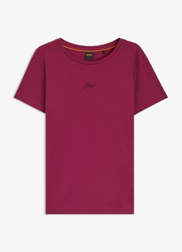 BOSS Dames Slim-fit T-shirt van katoen met logostiksel in de kleur Rood