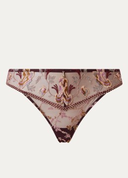 Aubade Dames Midnight Opera tanga van mesh met borduring in de kleur Aubergine, maat: 38