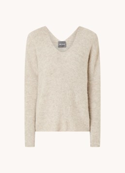 Mos Mosh Dames MMThora fijngebreide pullover in alpaca wolblend met V-hals in de kleur Feather Grey / Donkerbeige