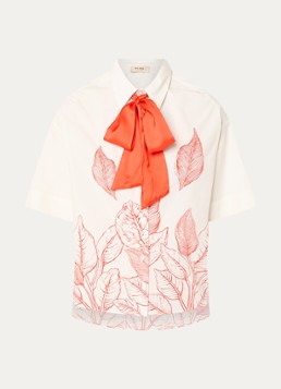 Mos Mosh Dames MMSaras blouse met bladprint en sjaalkraag in de kleur Gebroken wit