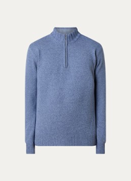 Oscar Jacobson Heren Paul fijngebreide trui in kasjmierblend met halve rits in de kleur Blauw, maat: XL