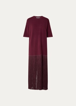 Essentiel Antwerp Dames Fijngebreide maxi trui jurk met franjes in de kleur Aubergine