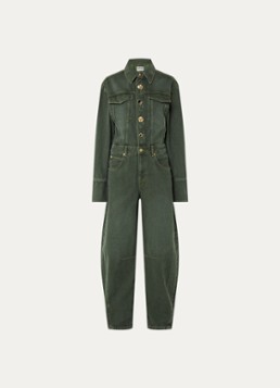Essentiel Antwerp Dames Balloon fit jumpsuit van denim met gekleurde wassing en borstzakken in de kleur Olijfgroen