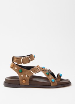 Steve Madden Dames Linear sandaal van suède met studs in de kleur Lichtbruin, maat: 38