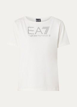 Armani Dames T-shirt met logoprint met strass in de kleur Gebroken wit