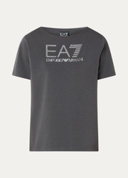 Armani Dames T-shirt met logoprint met strass in de kleur Middengrijs