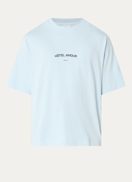 Selected Heren Liam T-shirt met front- en backprint in de kleur Lichtblauw, maat: XXL