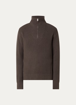 Selected Heren Fijngebreide pullover met halve rits in de kleur Bruin, maat: M