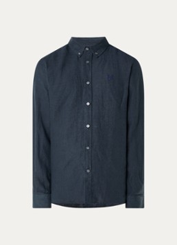 Lyle & Scott Heren Regular fit overhemd in linnenblend met logo in de kleur Donkerblauw, maat: L