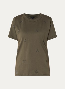 NIKKIE Dames Allover N T-shirt met logoprint en strass in de kleur Olijfgroen