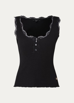 NIKKIE Dames Arlynn tanktop met ribstructuur en details van kant in de kleur Zwart