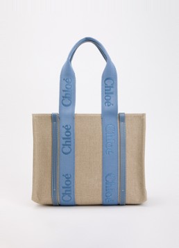 Chloé Dames Woody Medium shopper van canvas met kalfsleren details in de kleur Staalblauw, maat: one size