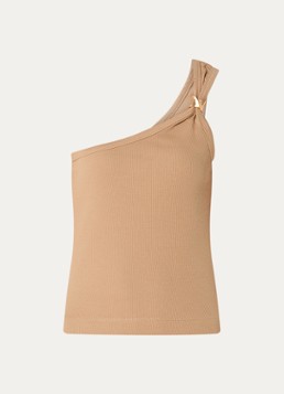 NIKKIE Dames Roselle one shoulder top met ribstructuur en kralendecoratie in de kleur Camel
